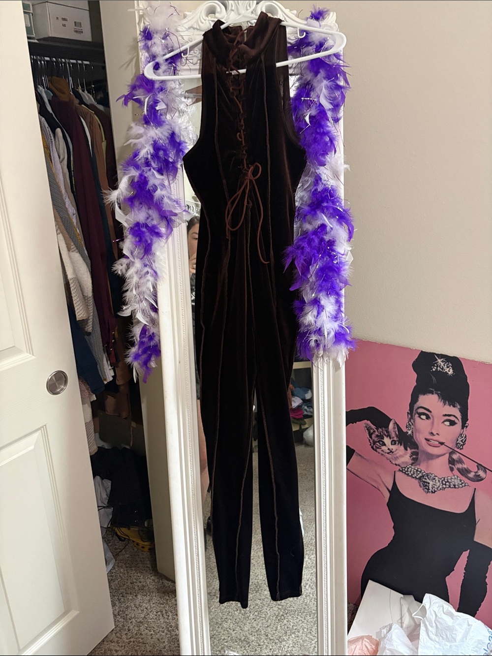 Fashion Nova Brown Velvet Lace-Up Jumpsuit